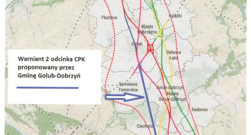 Mapa przedstawiająca warianty przebiegu linii kolejowej zaproponowane przez gminę Golub-Dobrzyń